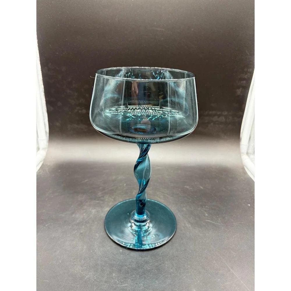Vintage Teal Blue Twisted Stem Glass Coupe Champagne Cocktail Mid Century Modern